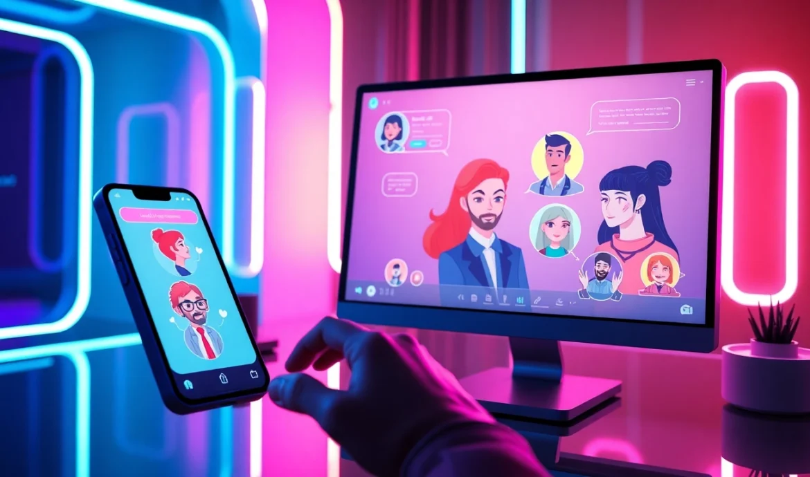 Futuristic digital chat interface with customizable AI characters in a neon-lit environment