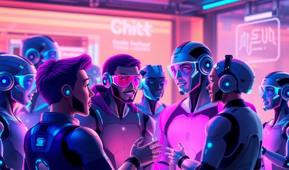 Futuristic AI characters engaging in conversation within a high-tech digital environment.