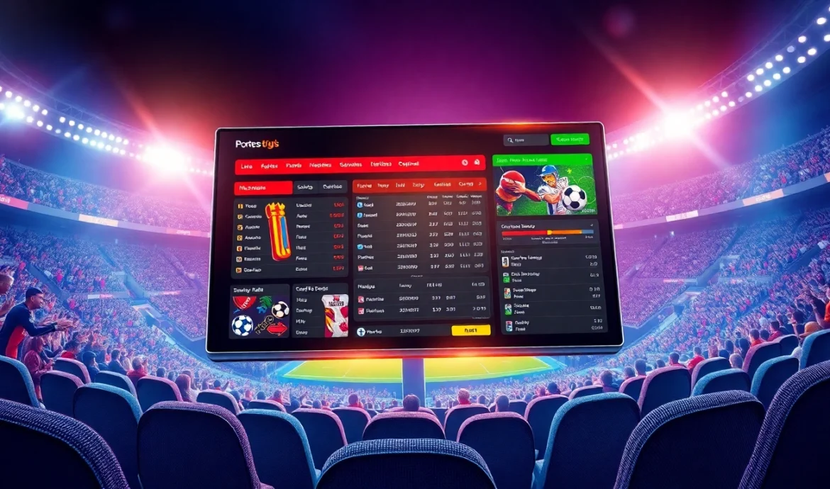 Illustration of a lively online sports betting platform with stadium background and digital interface elements.