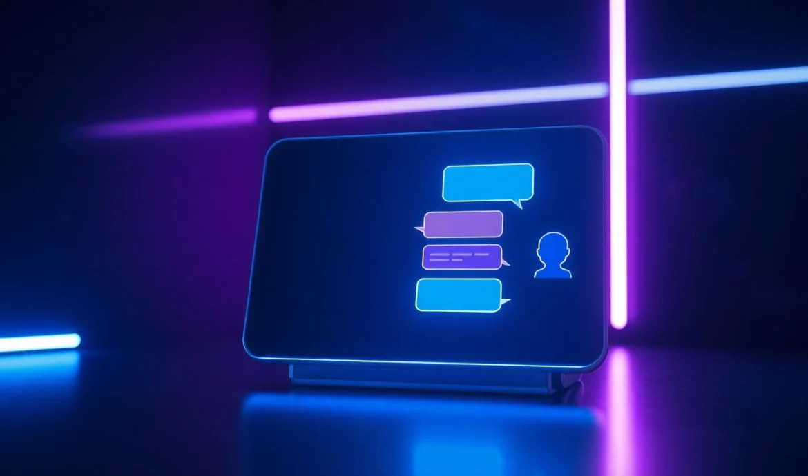 An illustration of a high-tech device displaying an engaging AI chatbot interface with colorful speech bubbles and a virtual avatar, set in a neon-lit, modern environment.