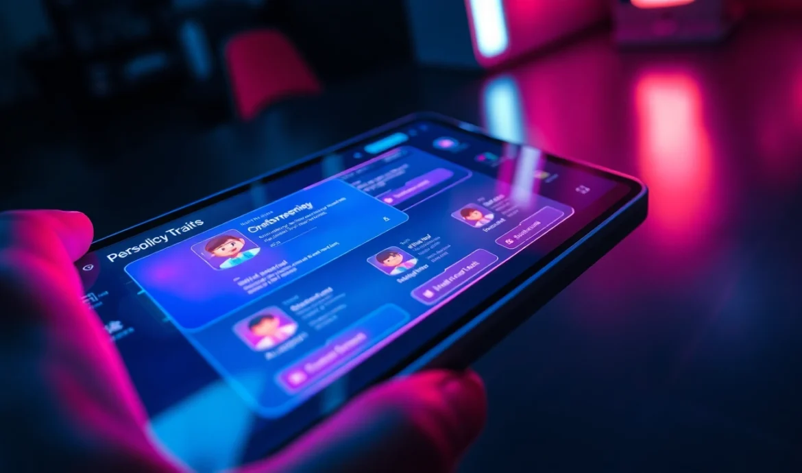 Futuristic AI chatbot interface on a digital device with vibrant neon colors and holographic elements.