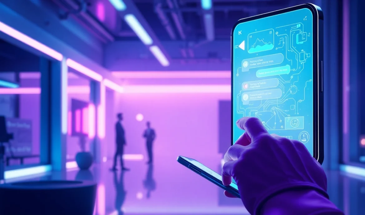 An illustration of a person interacting with a futuristic AI chatbot interface in a modern high-tech setting with neon accents.