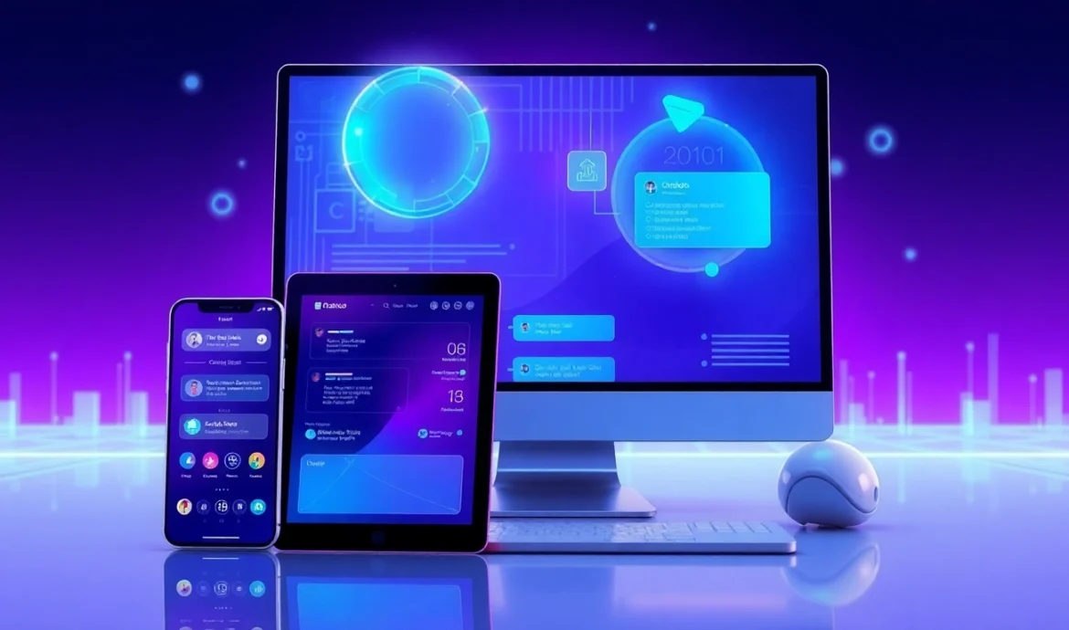 A futuristic digital interface displayed across multiple devices showcasing an AI chatbot platform with glowing accents and holographic elements.