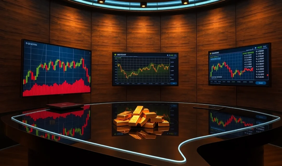 Investment News updates with stock graphs and gold records highlighting market trends and